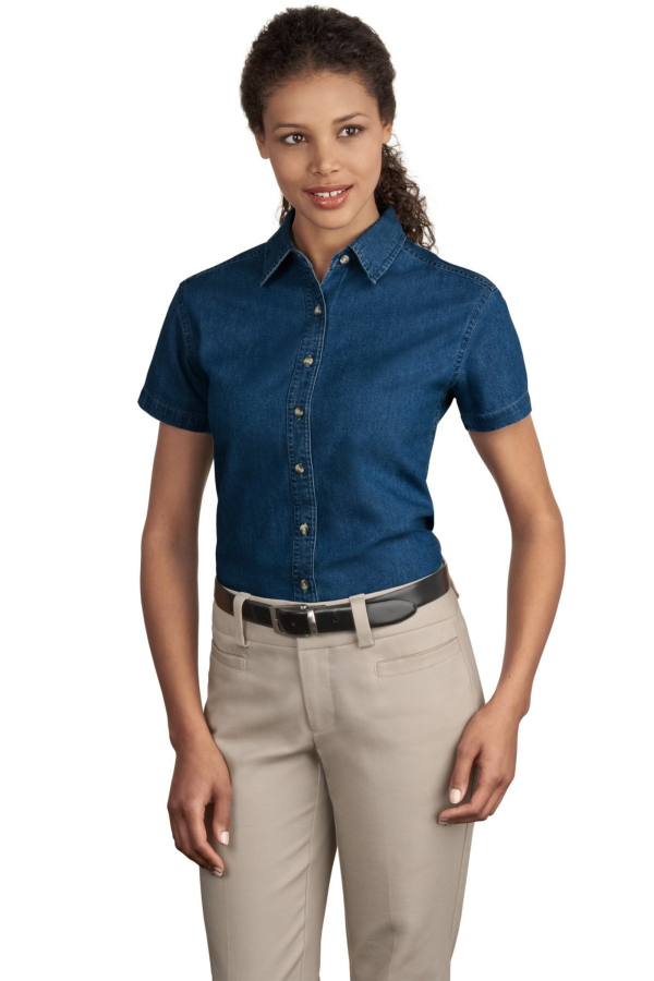 Port & Company Embroidered Women's Short Sleeve Denim Shirt